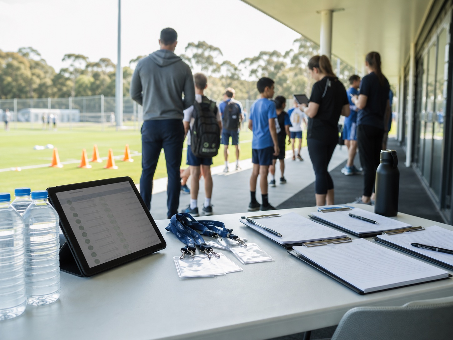 Event registration desk beside a sports field