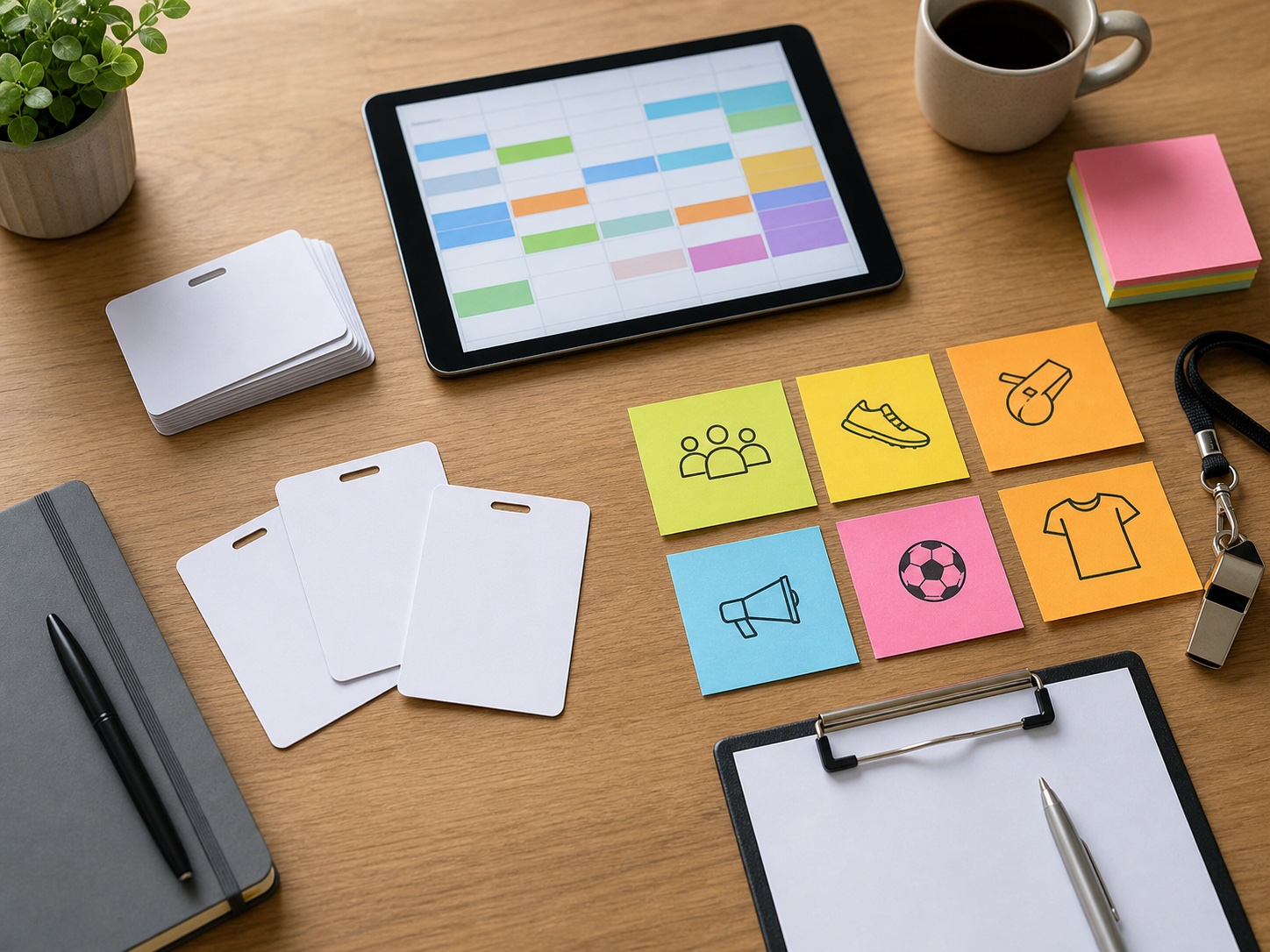 Planning table with a tablet, membership cards, and sports organisation notes